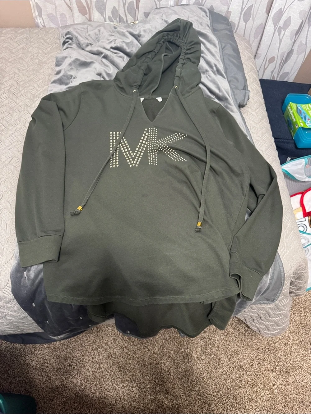 Michael Kors Olive Green Studded MK Hooded Pullover